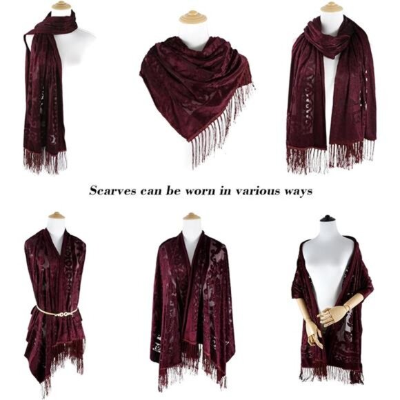 Women Velvet Scarfs Shawls and Wraps for Evening Dresses Wedding Shawl/BURGUNDY - Picture 3 of 5